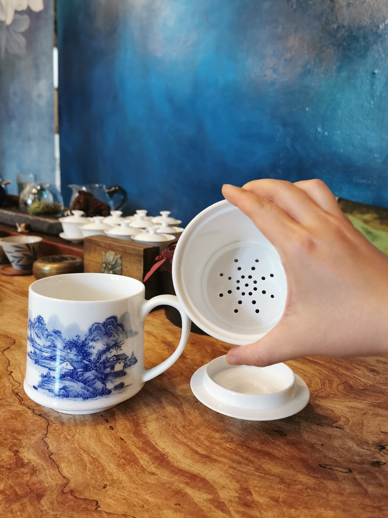 Qing Hua Hand Made and Hand Painted Porcelain Tea Mug With Strainer