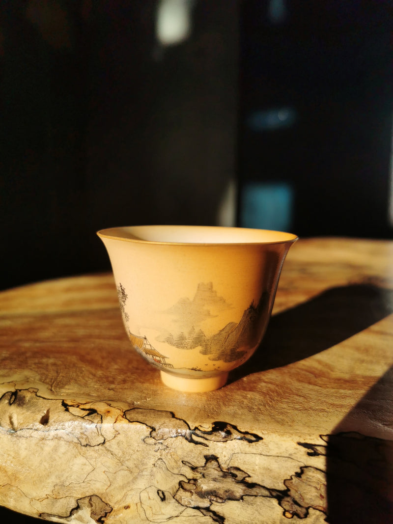 Handpainted mountain and river woodfired cup