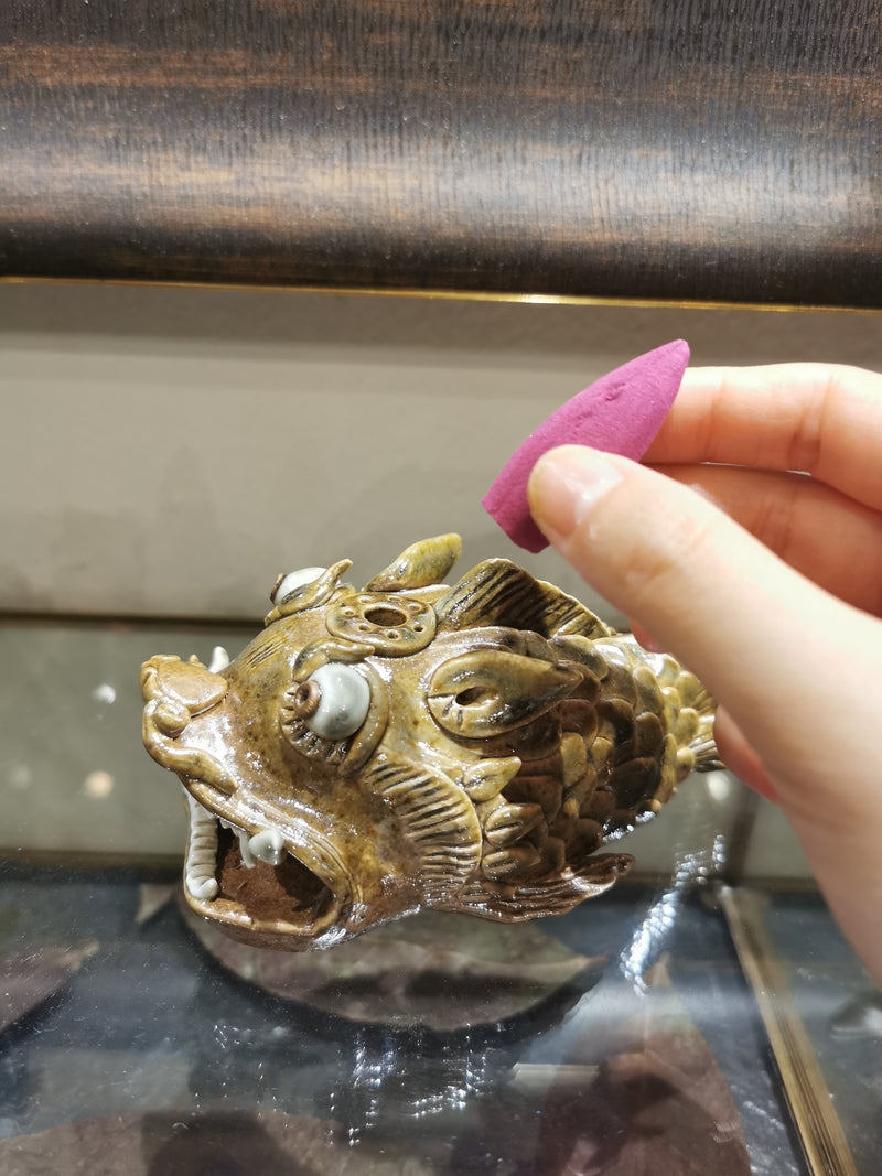 Dragon fish glazed incense burner & tea figure