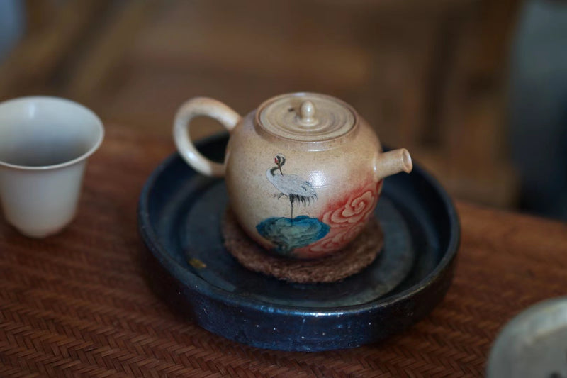 woodfired red-crowned crane on lucy cloud tea pot