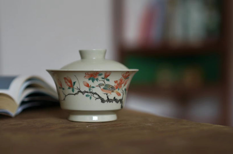 Different woodfired birds and flowers Fen cai Gaiwan