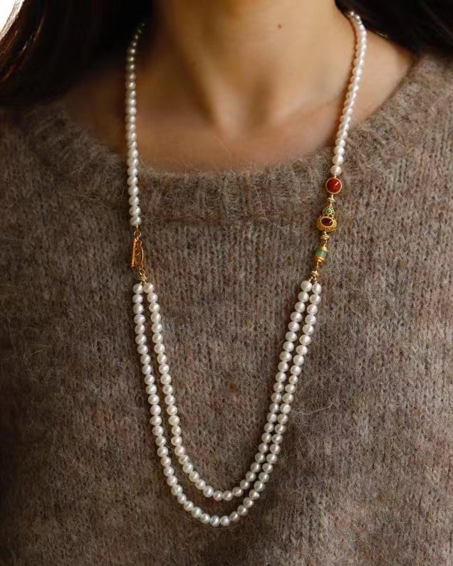 Double layer natural fresh water pearl necklace