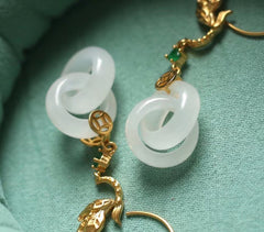 环环相扣耳坠 Hetian white jade ring with ring ear ring