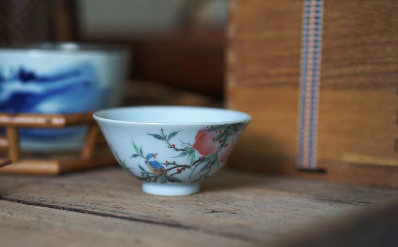 Hand made woodfired Jingdezhen peach and bird Fen Cai personal cup