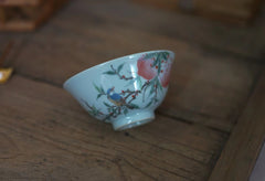 Hand made woodfired Jingdezhen peach and bird Fen Cai personal cup