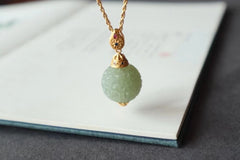 Natural Hetian jade carve flower patterns lucky ball pendant necklace