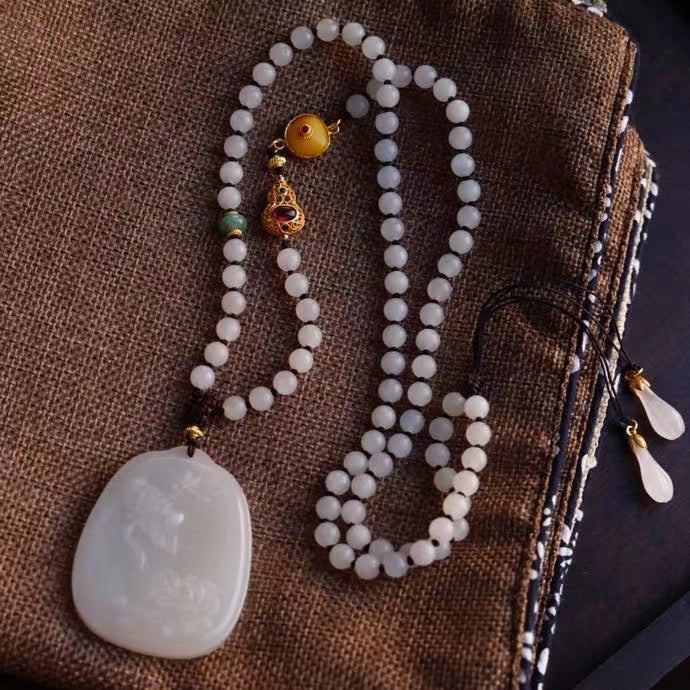 Natural Hetian Jade Lotus Pendant Necklace